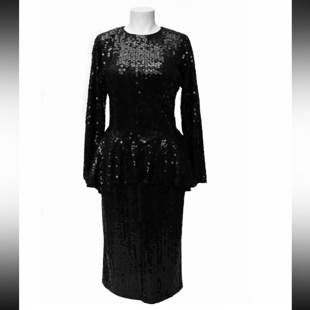 Oleg Cassini Black Sequin Peplum Dress